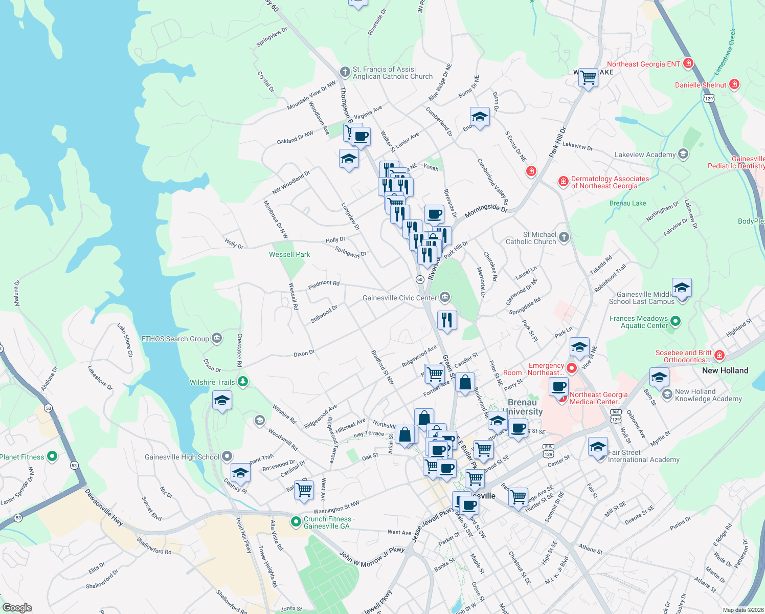 map of restaurants, bars, coffee shops, grocery stores, and more near 311 Vinings Walk NW in Gainesville