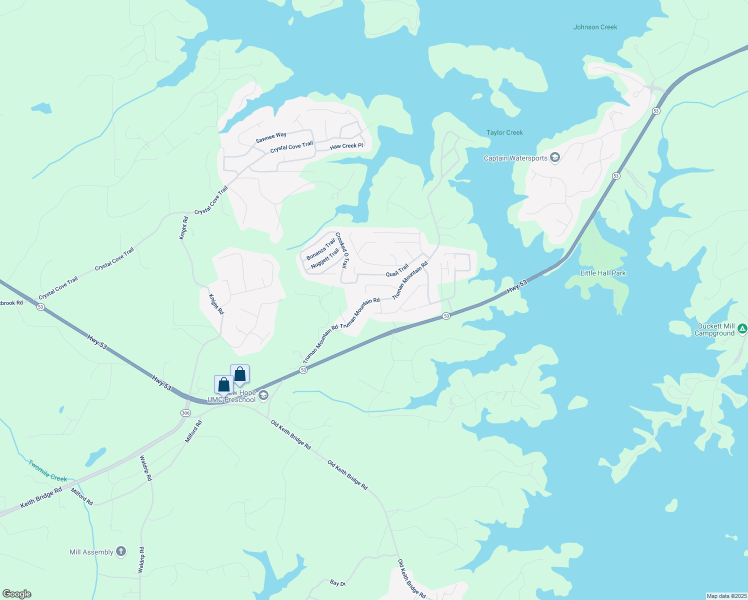 map of restaurants, bars, coffee shops, grocery stores, and more near Truman Mountain Road in Forsyth County