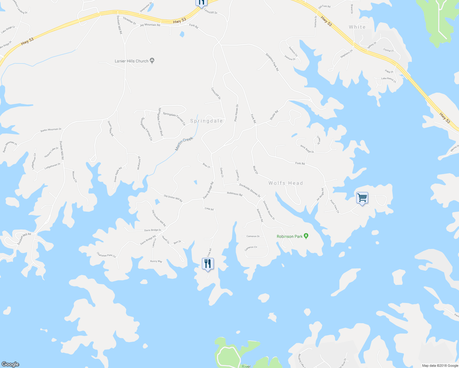 map of restaurants, bars, coffee shops, grocery stores, and more near 3450 Dockside Shores Drive in Gainesville