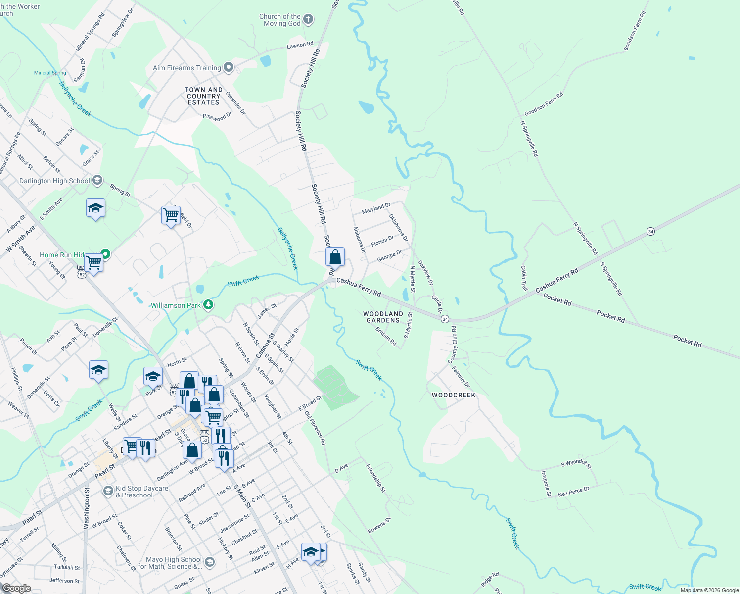 map of restaurants, bars, coffee shops, grocery stores, and more near 208 Cashua Ferry Road in Darlington