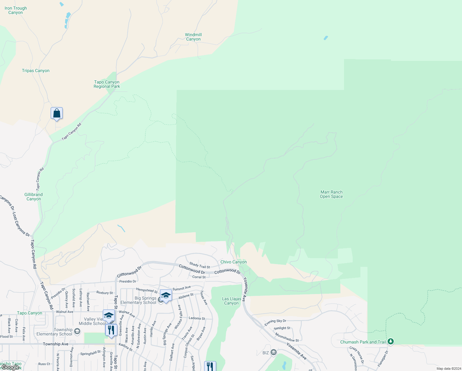 map of restaurants, bars, coffee shops, grocery stores, and more near in Simi Valley