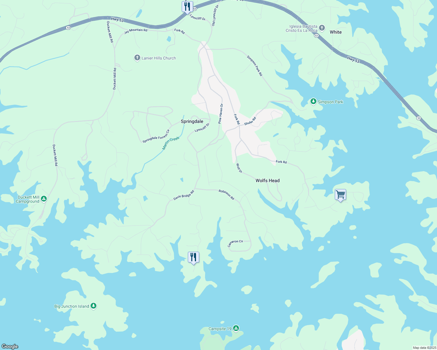 map of restaurants, bars, coffee shops, grocery stores, and more near 3550 Dockside Shores Drive in Gainesville