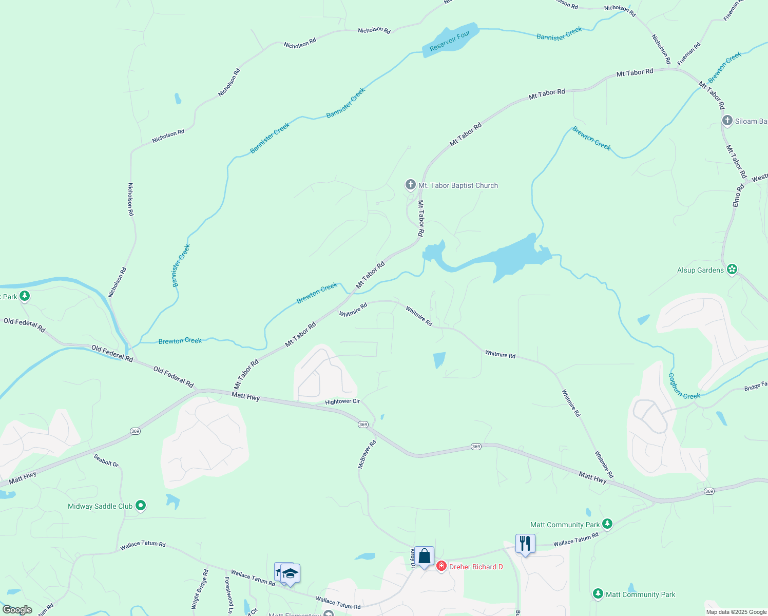 map of restaurants, bars, coffee shops, grocery stores, and more near 7630 Homer Drive in Cumming