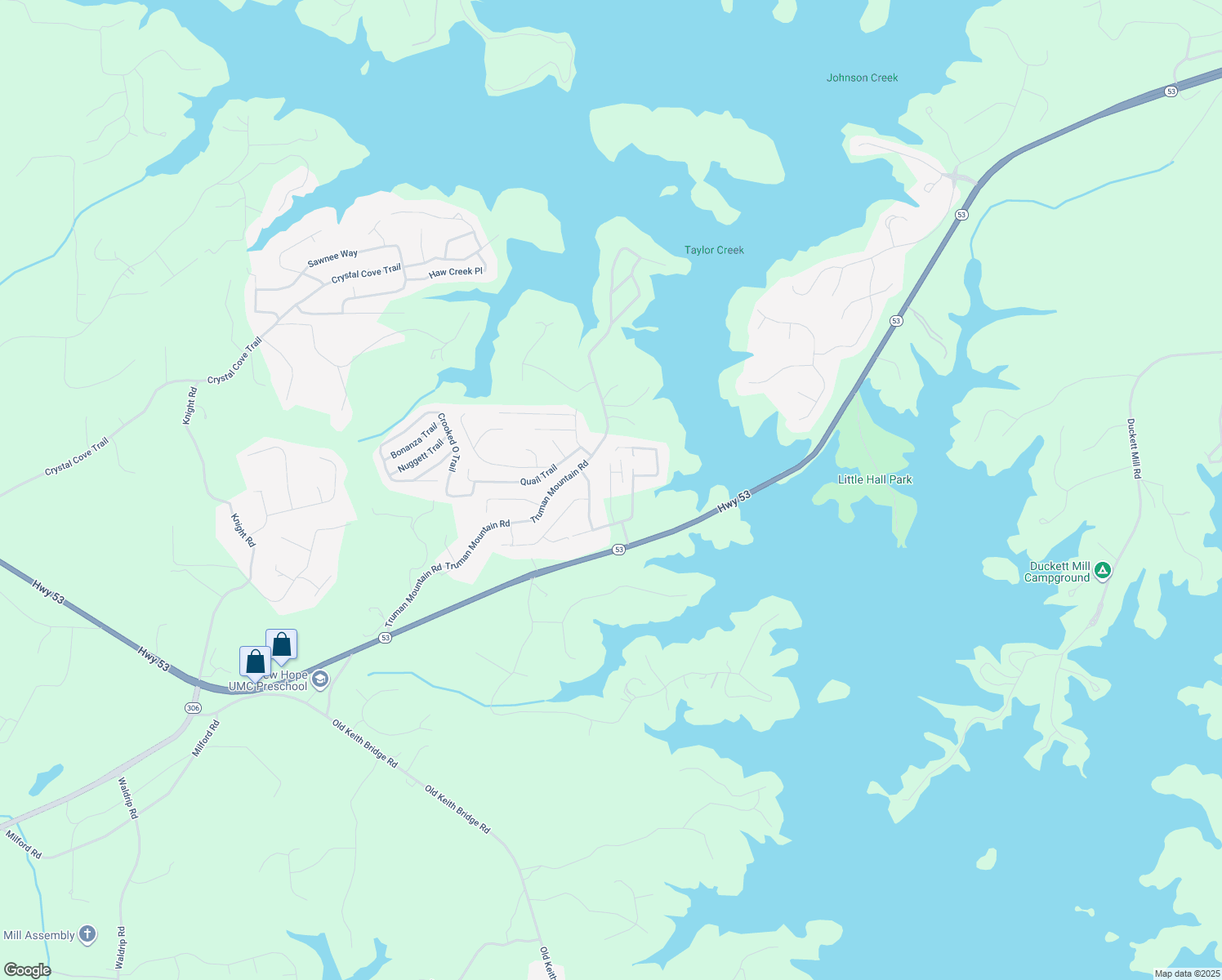 map of restaurants, bars, coffee shops, grocery stores, and more near 5674 Lake View Court in Gainesville