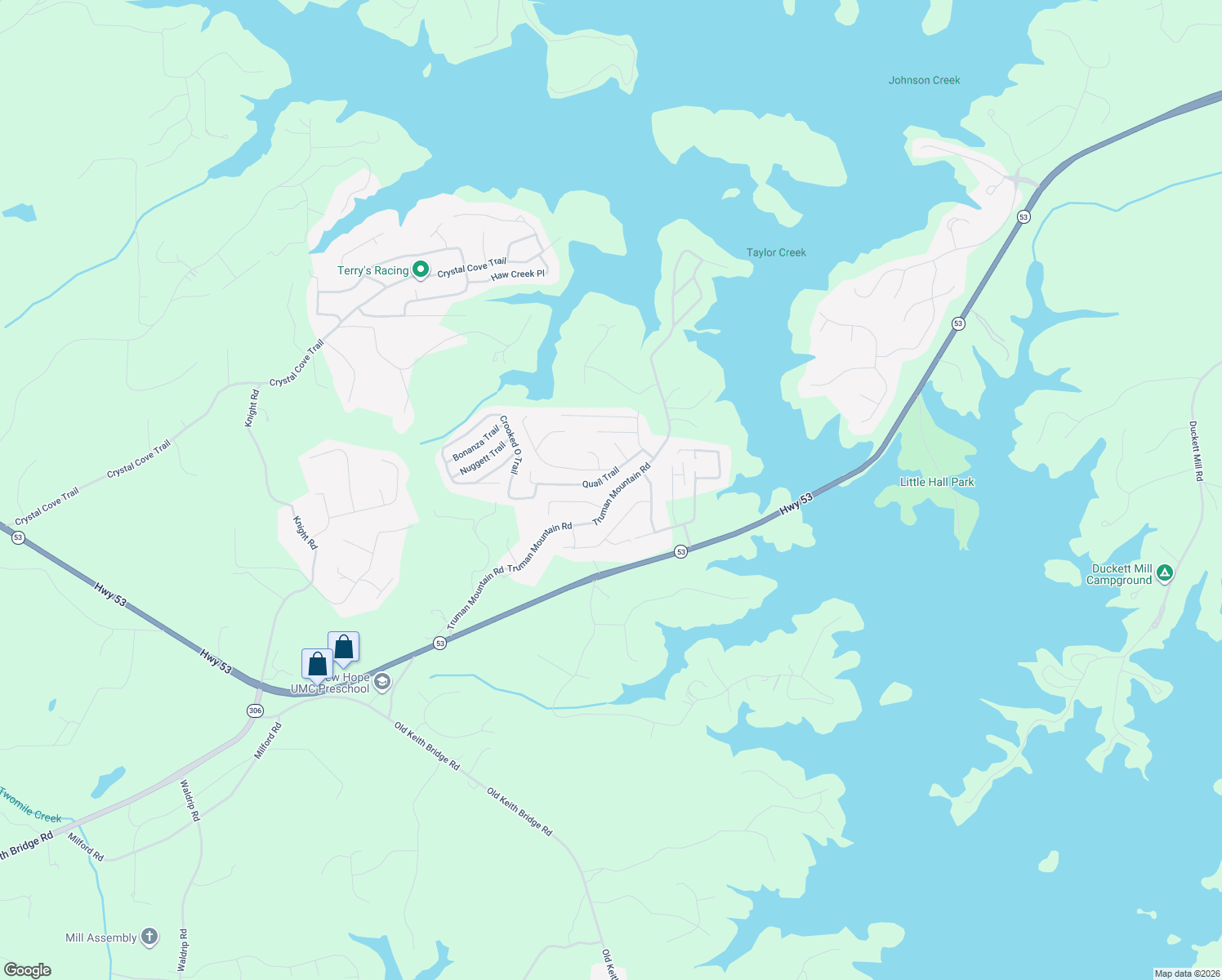 map of restaurants, bars, coffee shops, grocery stores, and more near 5125 Truman Mountain Road in Gainesville
