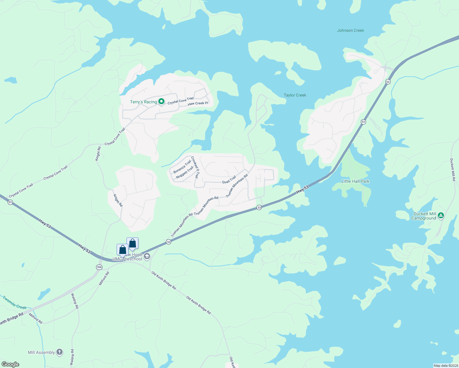 map of restaurants, bars, coffee shops, grocery stores, and more near 5125 Truman Mountain Road in Gainesville