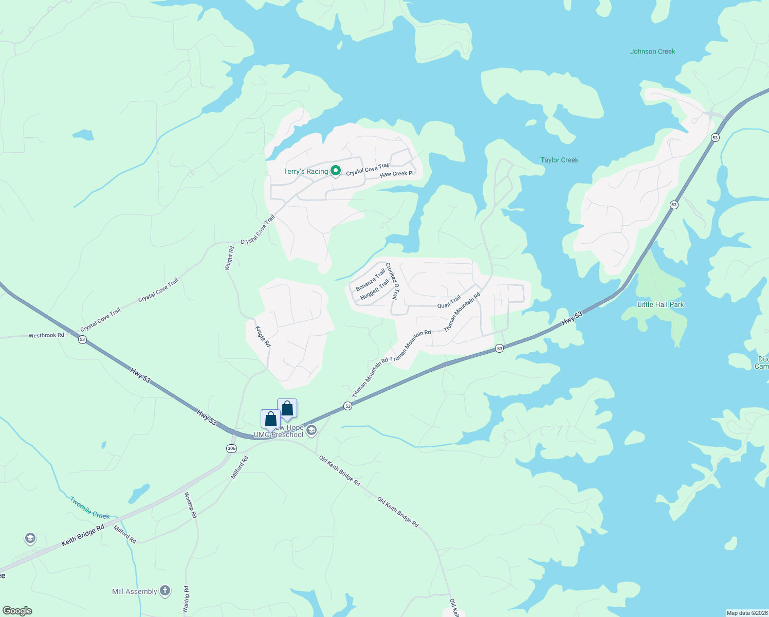 map of restaurants, bars, coffee shops, grocery stores, and more near 7080 Crooked O Trail in Gainesville