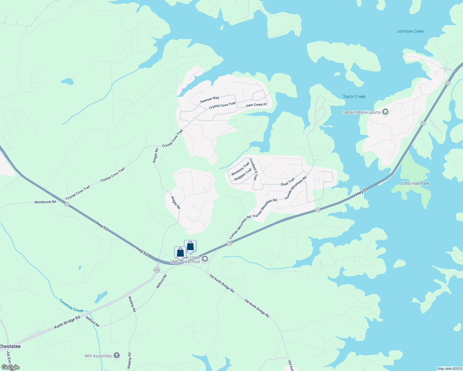 map of restaurants, bars, coffee shops, grocery stores, and more near 6940 Crooked O Trail in Gainesville