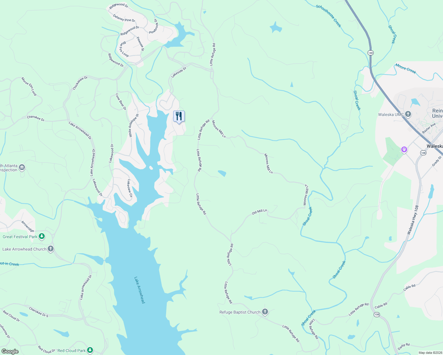 map of restaurants, bars, coffee shops, grocery stores, and more near 2892 Little Refuge Road in Waleska