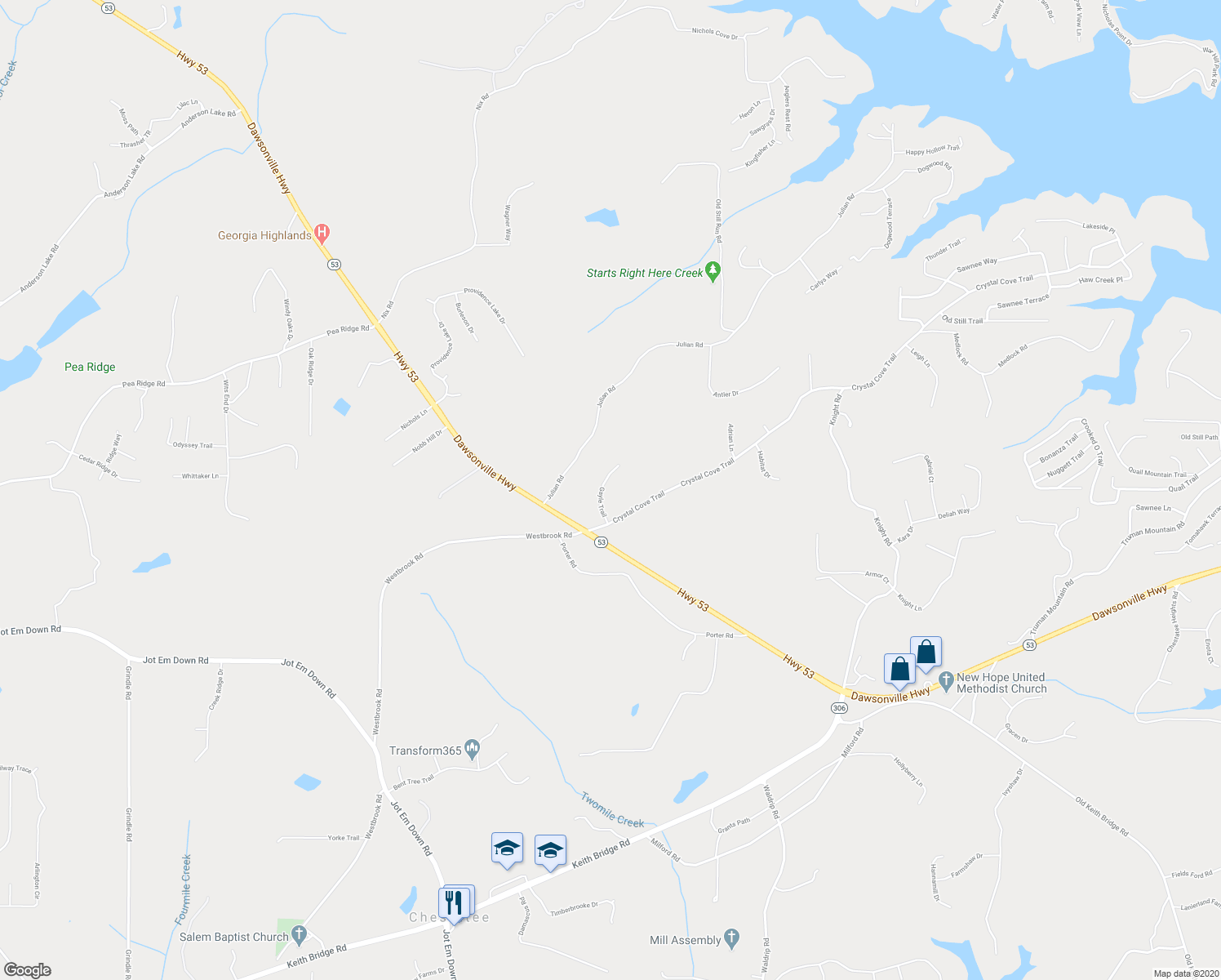 map of restaurants, bars, coffee shops, grocery stores, and more near 5620 Gayle Trail in Gainesville