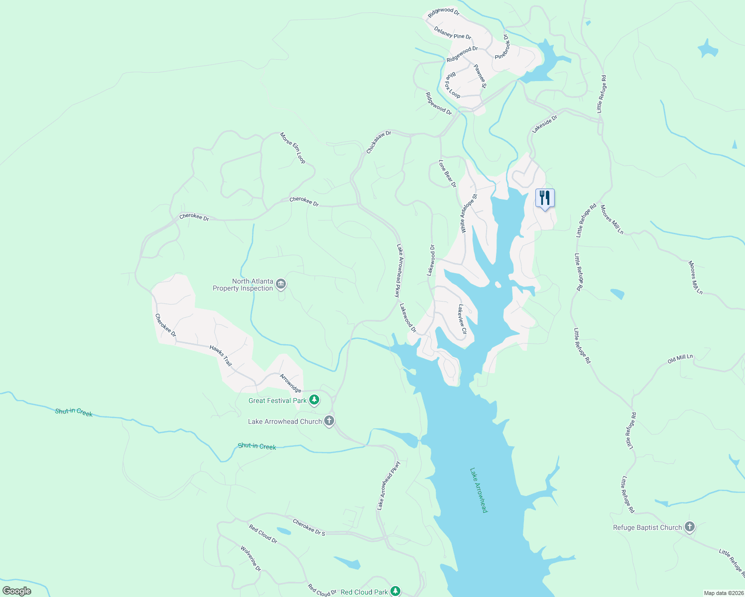 map of restaurants, bars, coffee shops, grocery stores, and more near 102 White Eagle Drive in Waleska