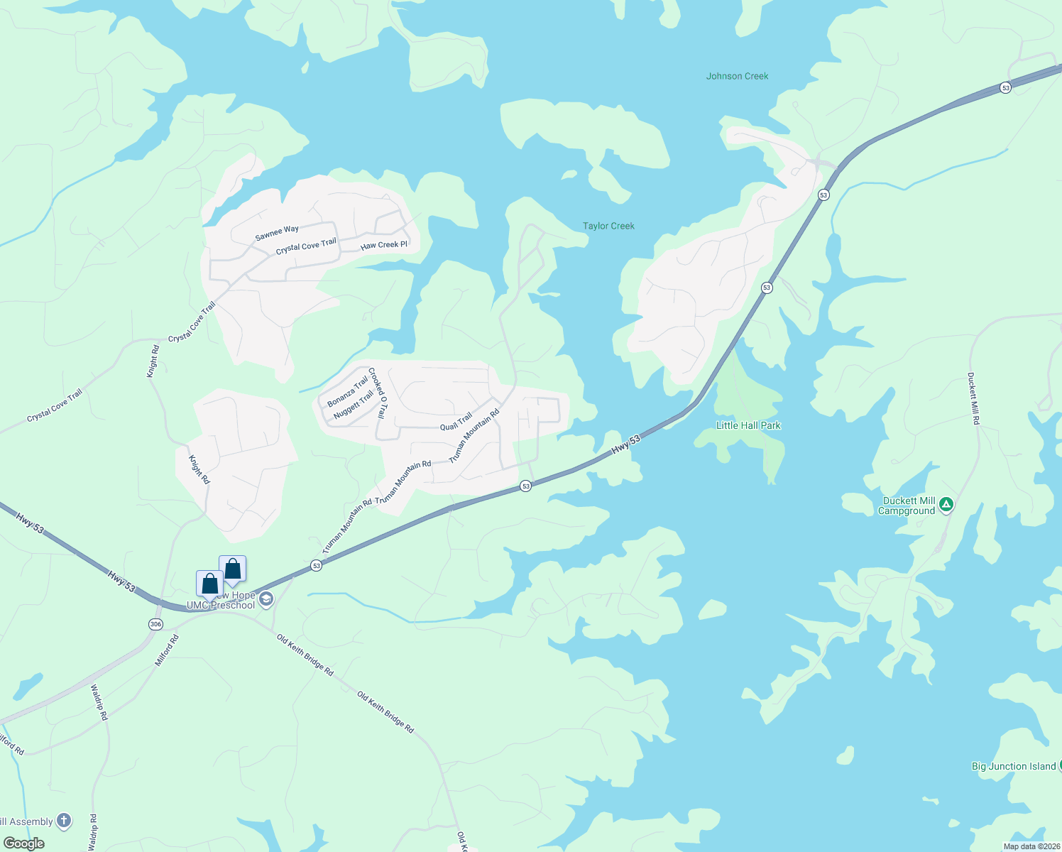 map of restaurants, bars, coffee shops, grocery stores, and more near 5672 Lake View Court in Gainesville