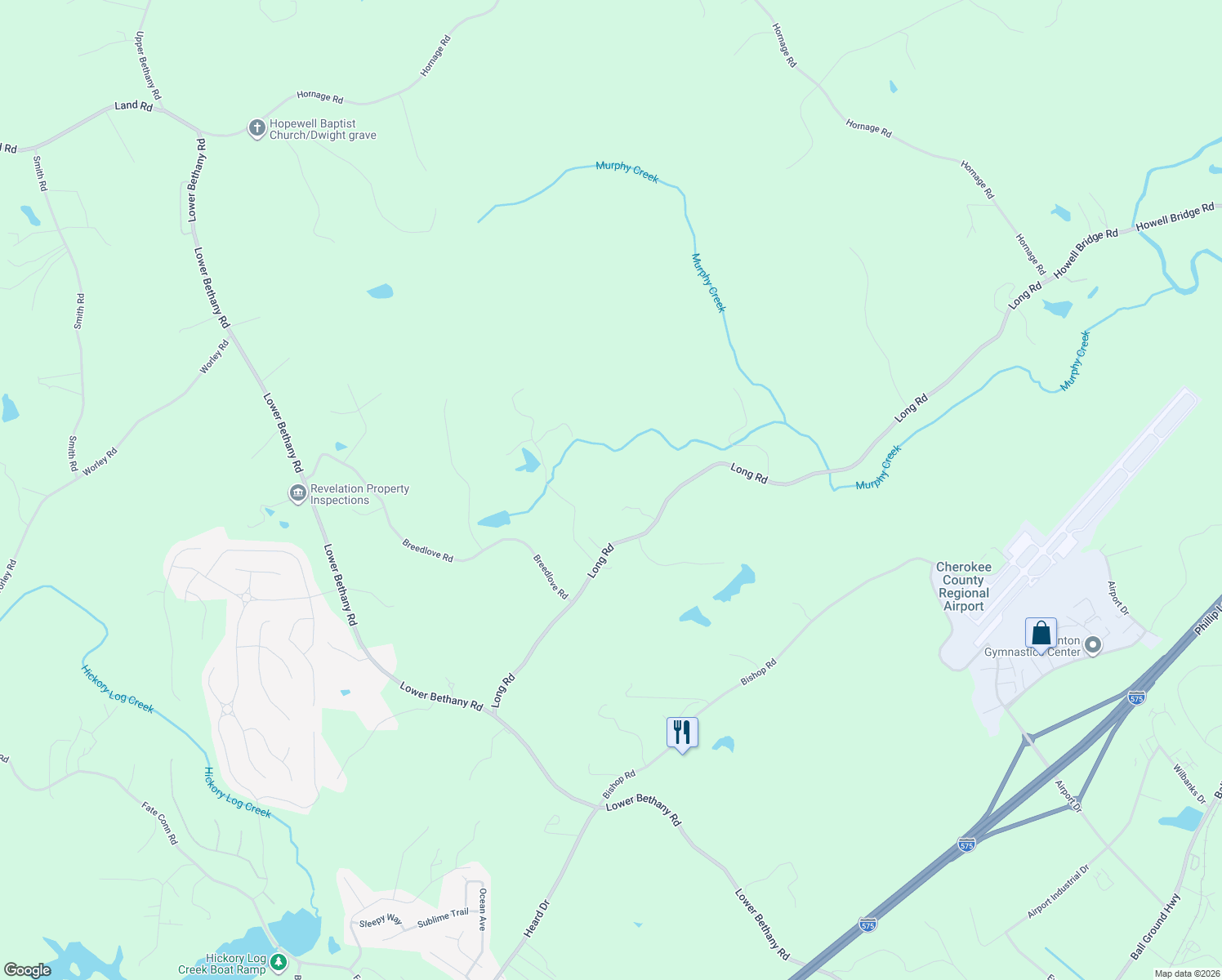 map of restaurants, bars, coffee shops, grocery stores, and more near 765 Long Road in Ball Ground