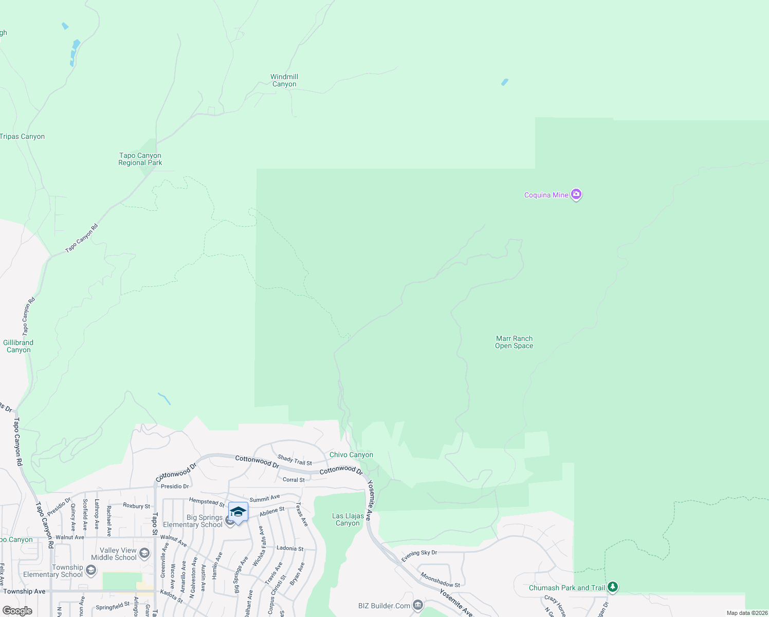 map of restaurants, bars, coffee shops, grocery stores, and more near Chivo Canyon Road in Simi Valley