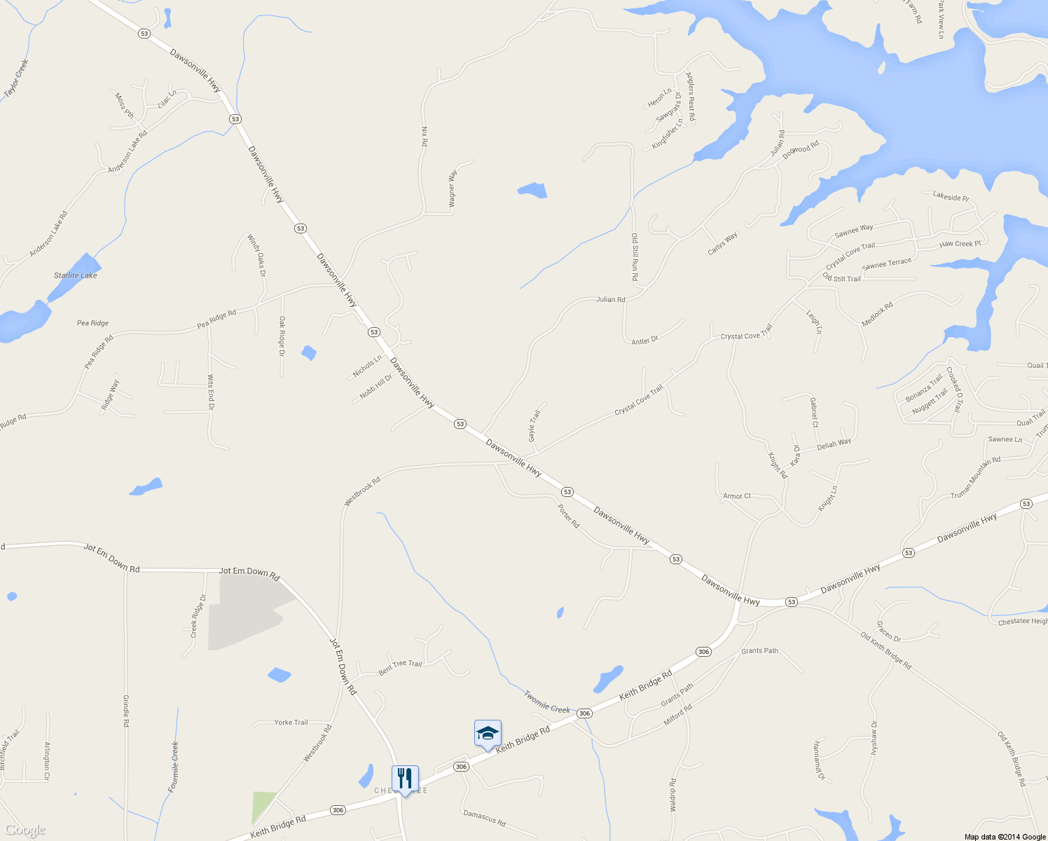 map of restaurants, bars, coffee shops, grocery stores, and more near 5625 Gayle Trail in Gainesville