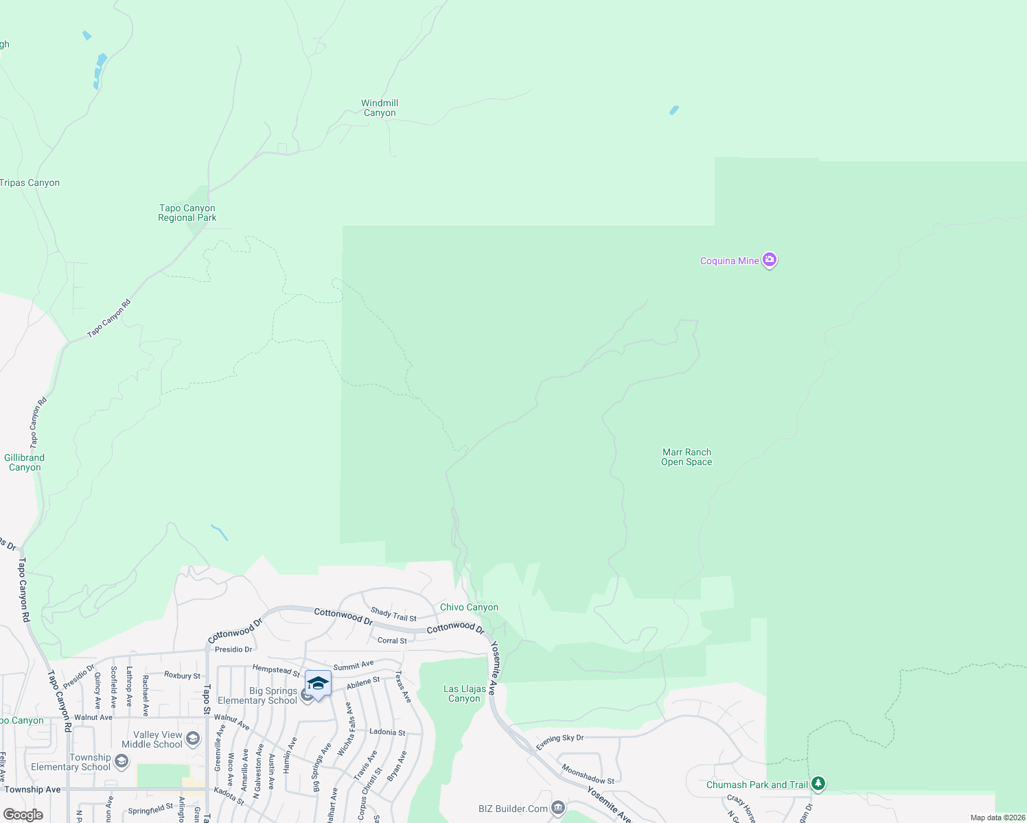 map of restaurants, bars, coffee shops, grocery stores, and more near Chivo Canyon Road in Simi Valley