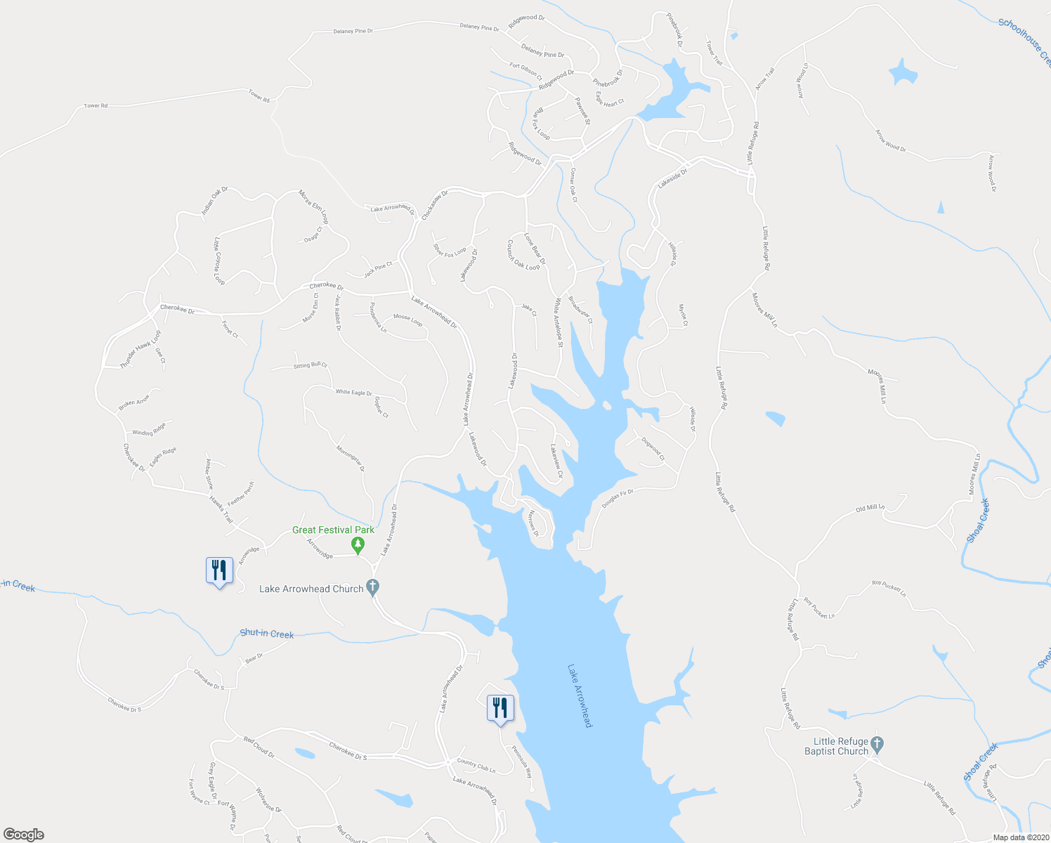 map of restaurants, bars, coffee shops, grocery stores, and more near 105 Silver Fir Court in Waleska