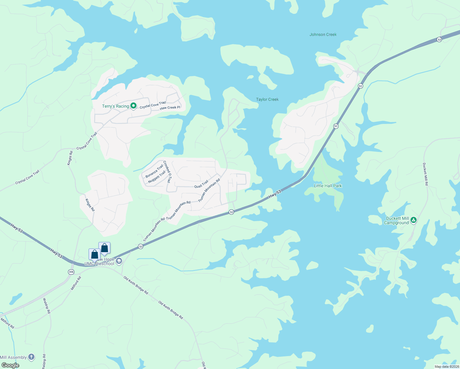 map of restaurants, bars, coffee shops, grocery stores, and more near 5676 Lake View Court in Gainesville