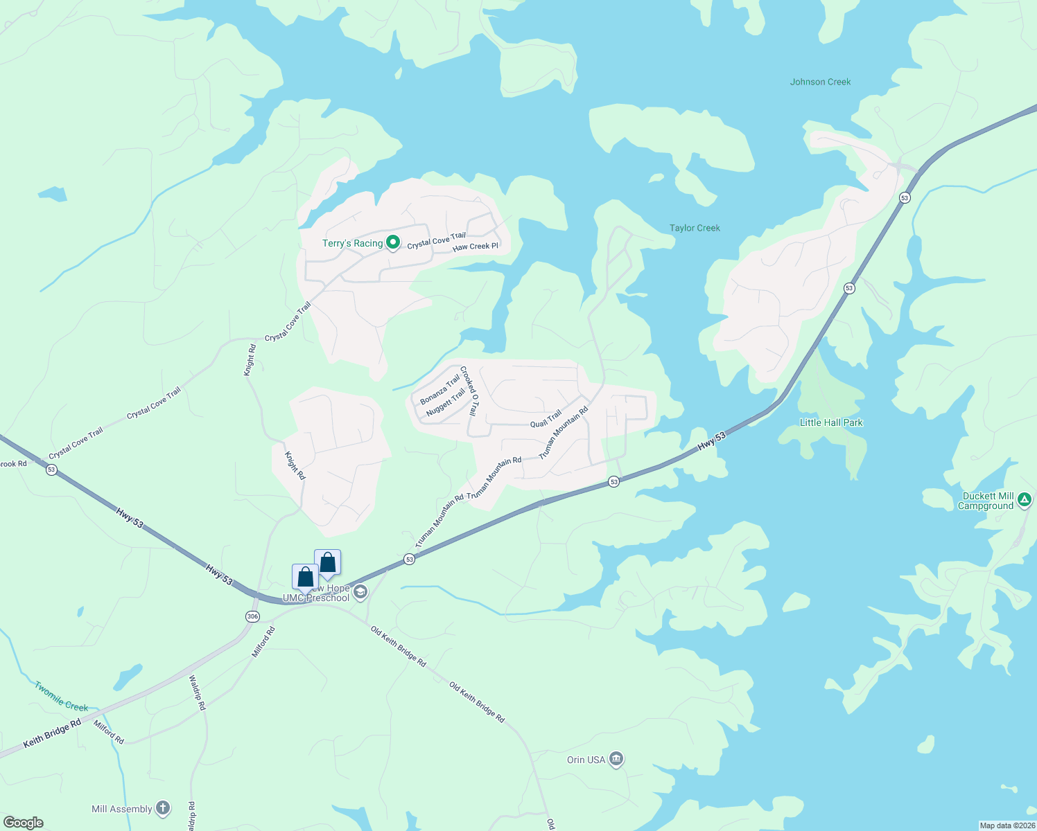 map of restaurants, bars, coffee shops, grocery stores, and more near 5795 Quail Mountain Trail in Gainesville