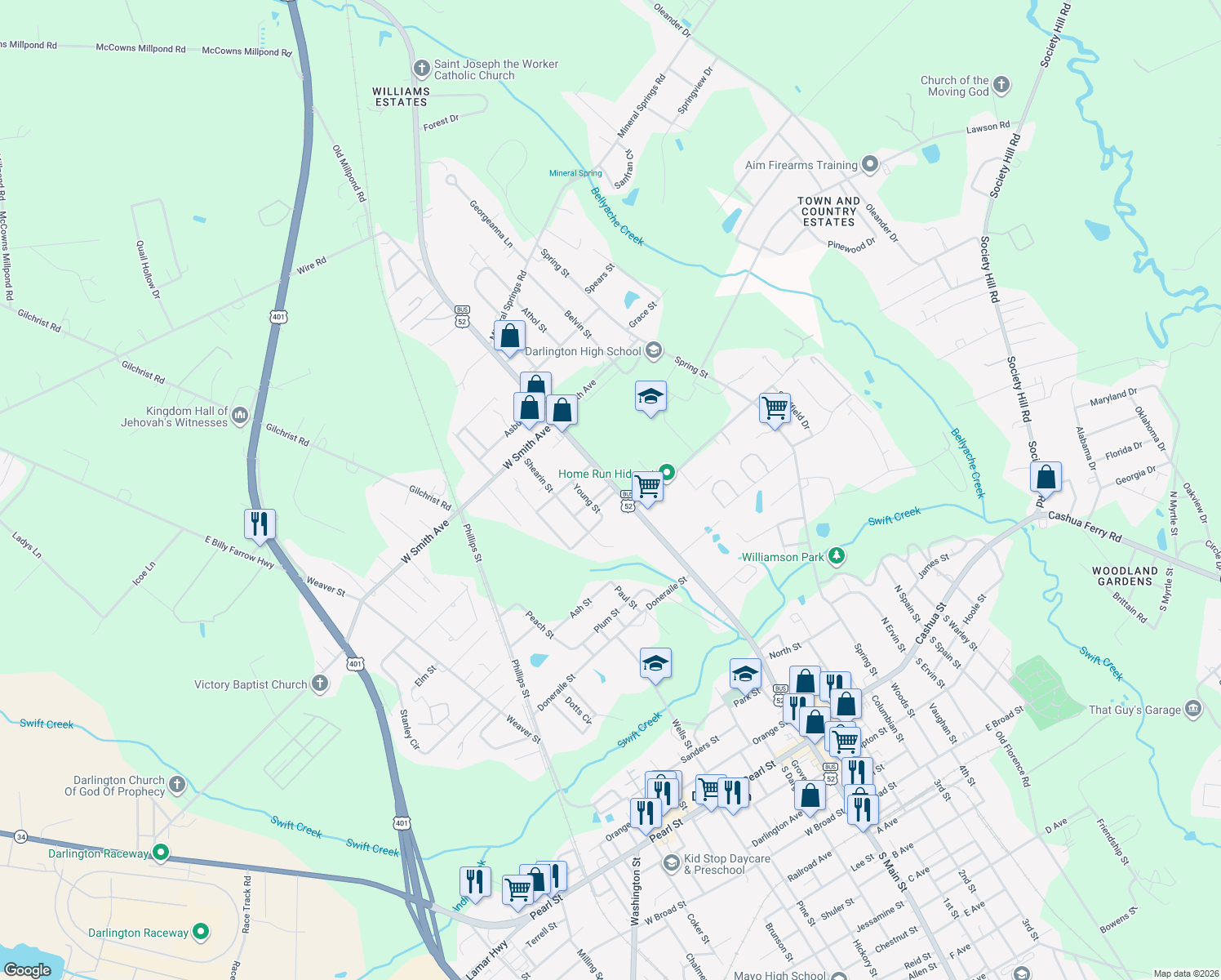 map of restaurants, bars, coffee shops, grocery stores, and more near 501 North Main Street in Darlington