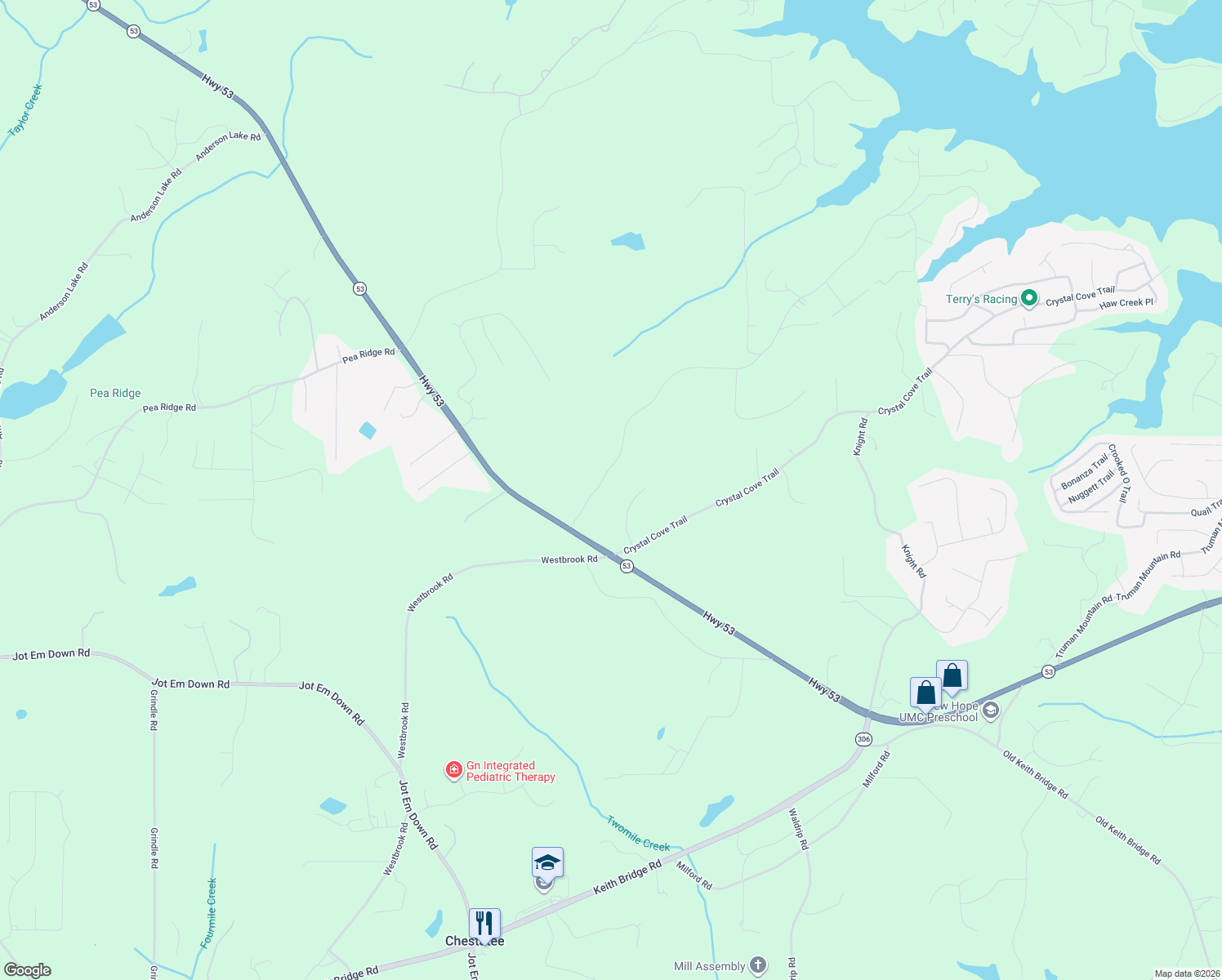 map of restaurants, bars, coffee shops, grocery stores, and more near 5690 Julian Road in Gainesville