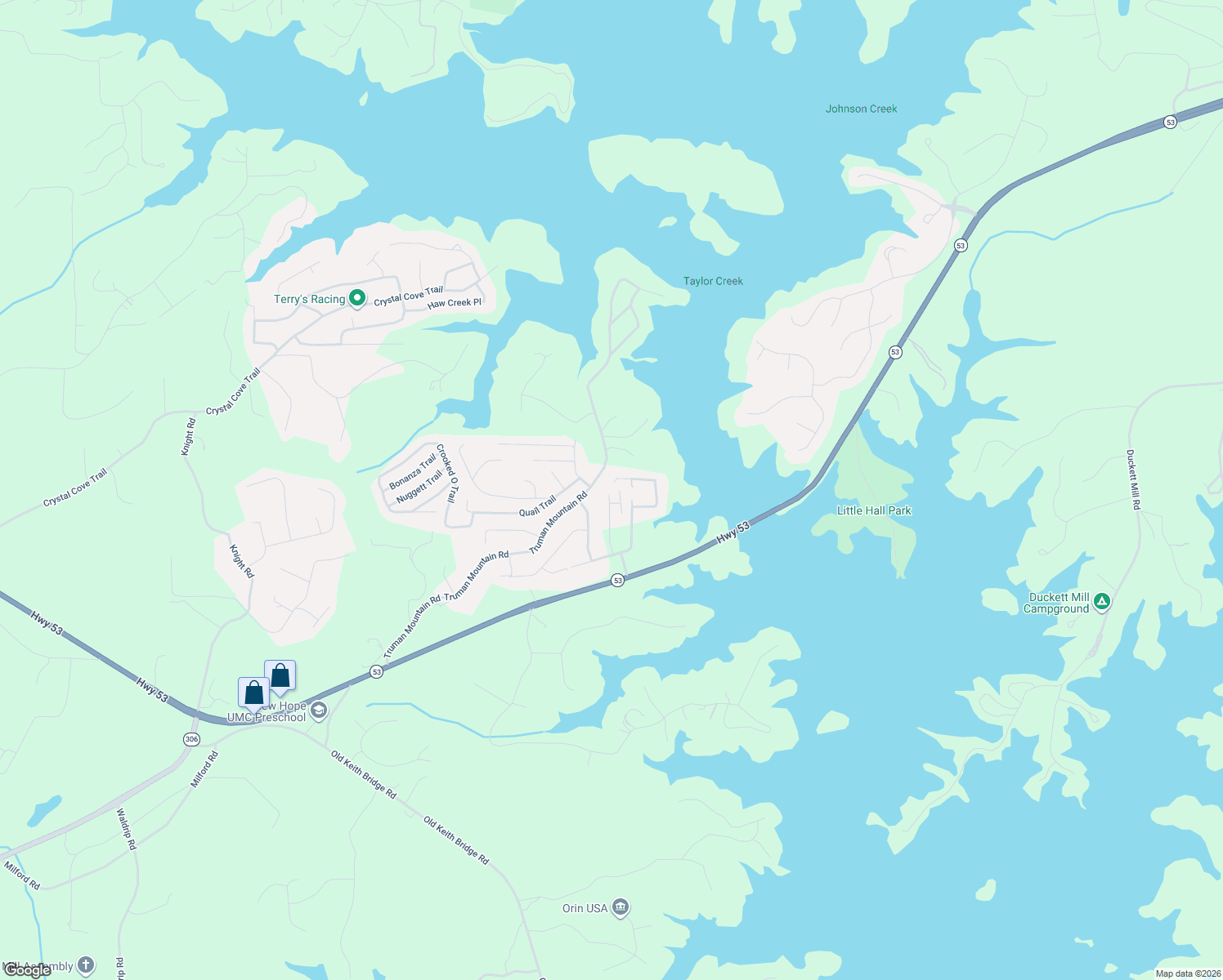 map of restaurants, bars, coffee shops, grocery stores, and more near 5690 Lake View Court in Gainesville