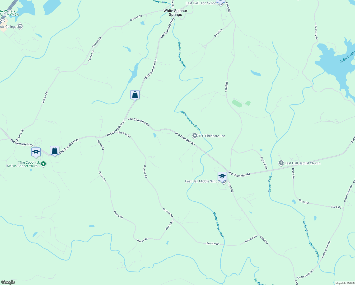 map of restaurants, bars, coffee shops, grocery stores, and more near 3066 Joe Chandler Road in Gainesville