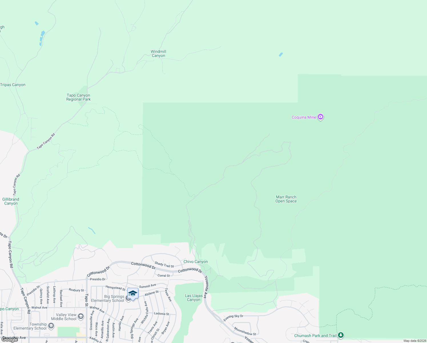 map of restaurants, bars, coffee shops, grocery stores, and more near Chivo Canyon Road in Simi Valley