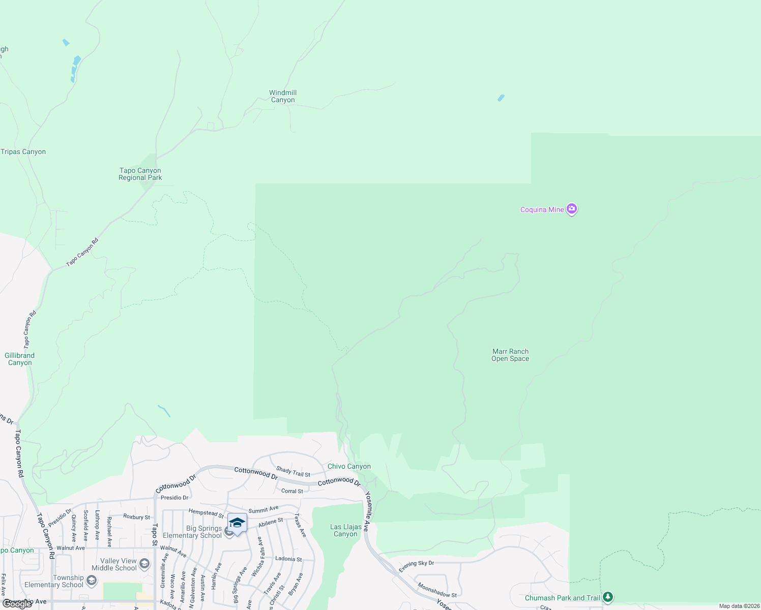 map of restaurants, bars, coffee shops, grocery stores, and more near Chivo Canyon Road in Simi Valley