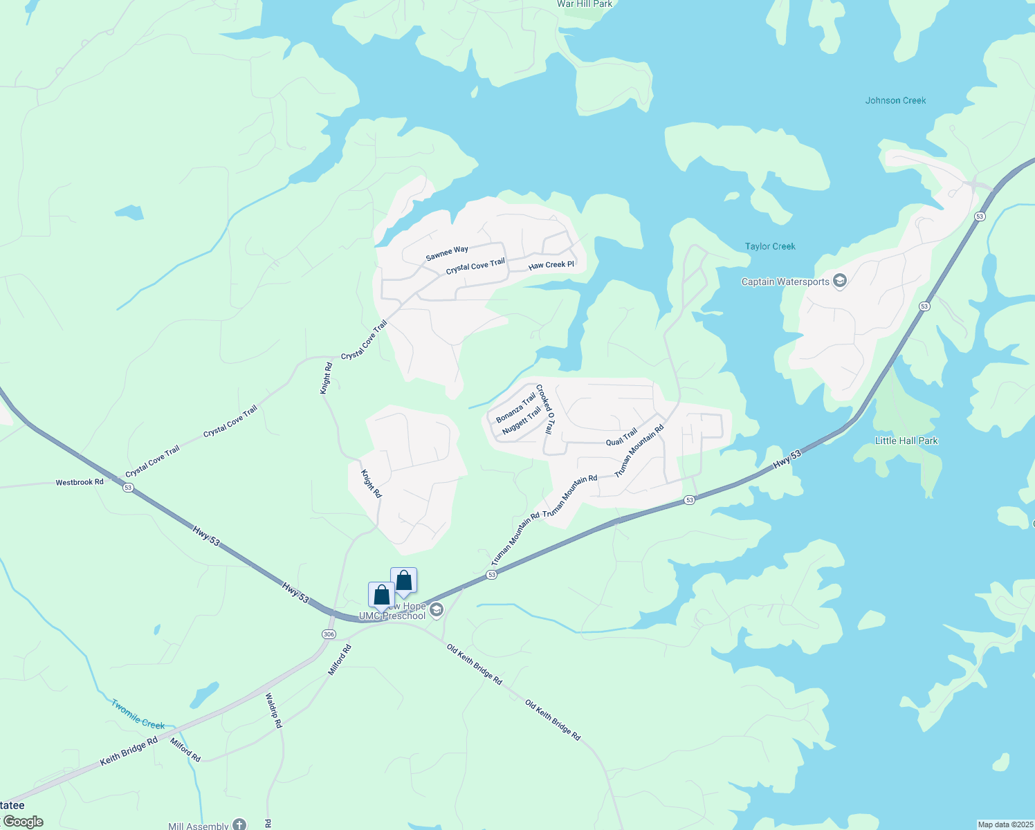 map of restaurants, bars, coffee shops, grocery stores, and more near 6530 Bonanza Trail in Gainesville