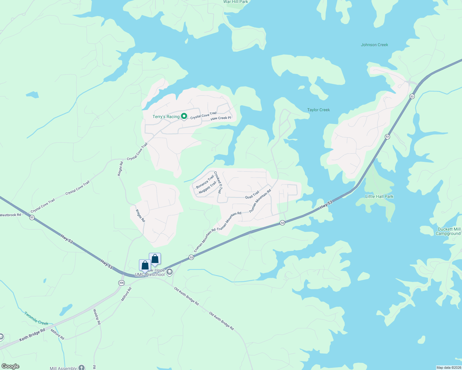 map of restaurants, bars, coffee shops, grocery stores, and more near 5950 Quail Mountain Trail in Gainesville