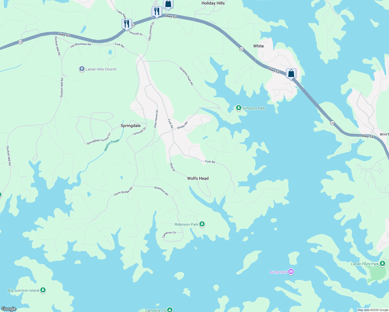 map of restaurants, bars, coffee shops, grocery stores, and more near 3361 Fork Road in Gainesville