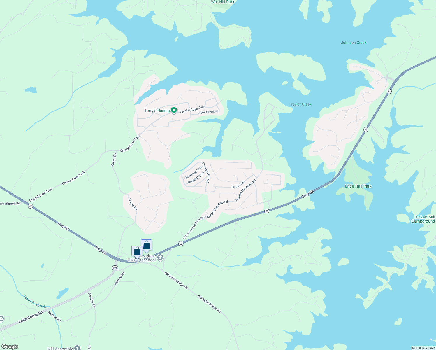 map of restaurants, bars, coffee shops, grocery stores, and more near 5950 Quail Mountain Trail in Gainesville