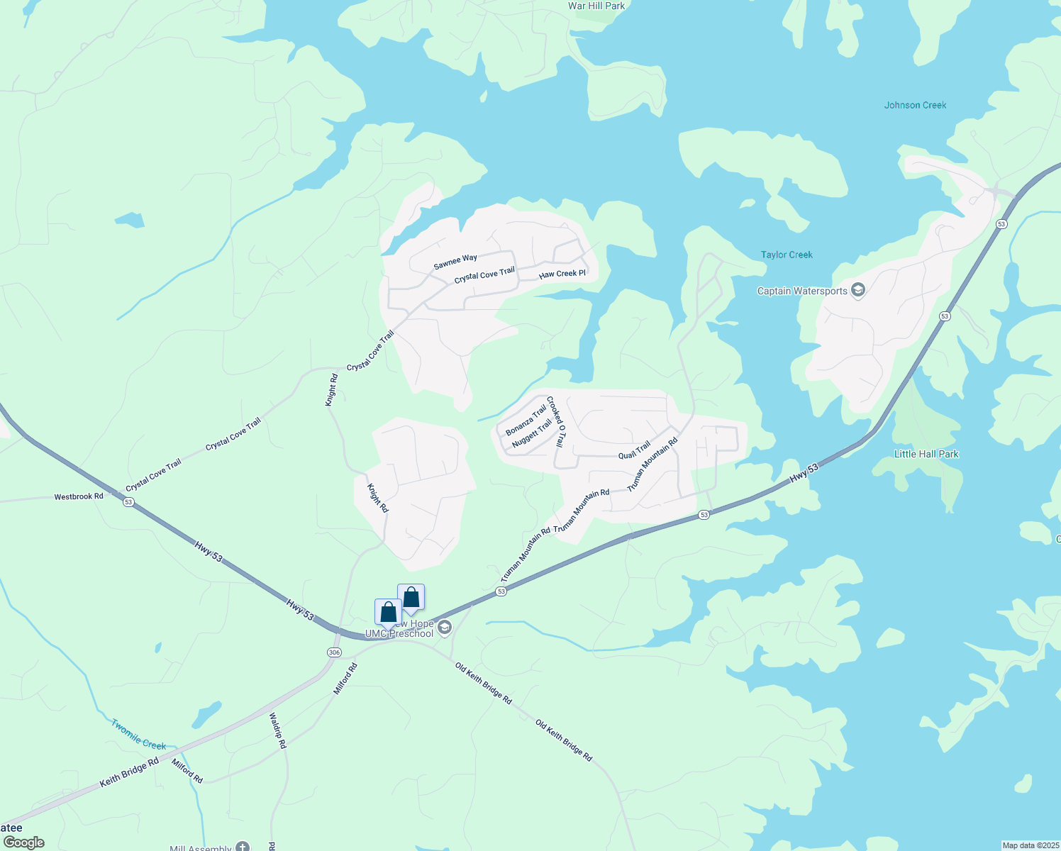 map of restaurants, bars, coffee shops, grocery stores, and more near 6540 Bonanza Trail in Gainesville