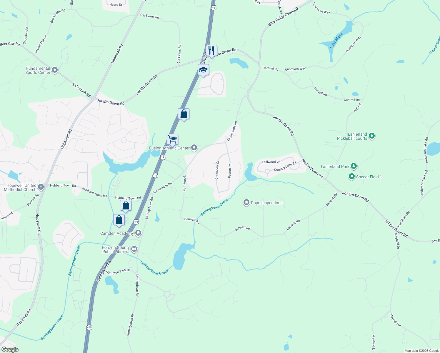 map of restaurants, bars, coffee shops, grocery stores, and more near 6915 Crossview Drive in Cumming