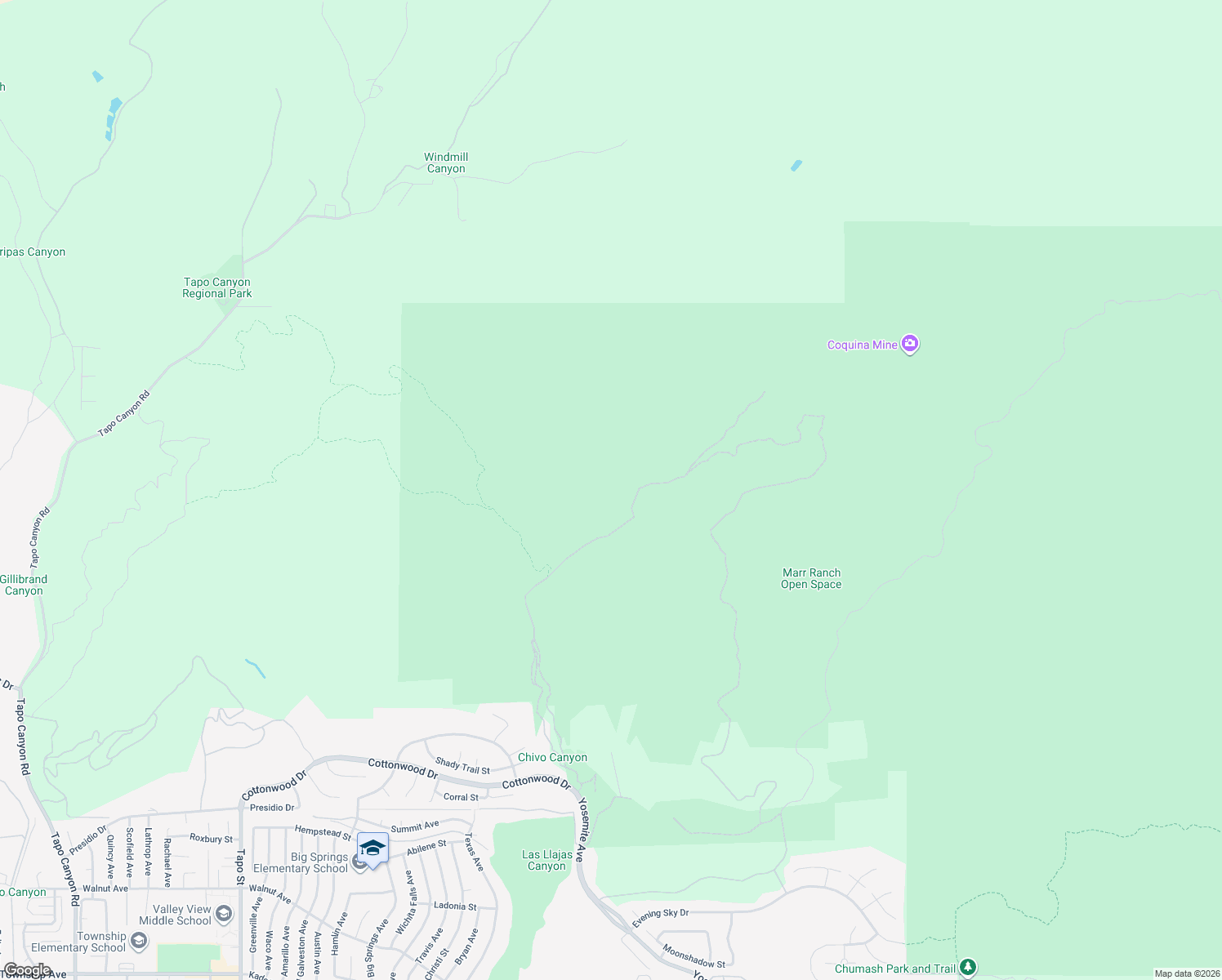map of restaurants, bars, coffee shops, grocery stores, and more near Chivo Canyon Road in Simi Valley