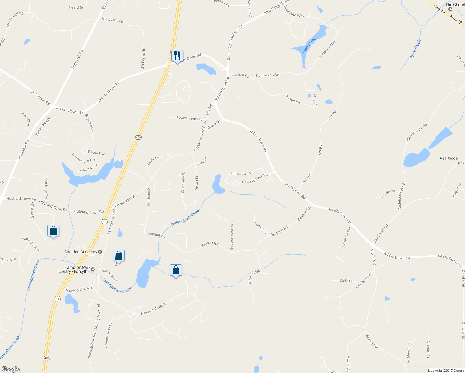 map of restaurants, bars, coffee shops, grocery stores, and more near 6370 Stillwood Lane in Cumming
