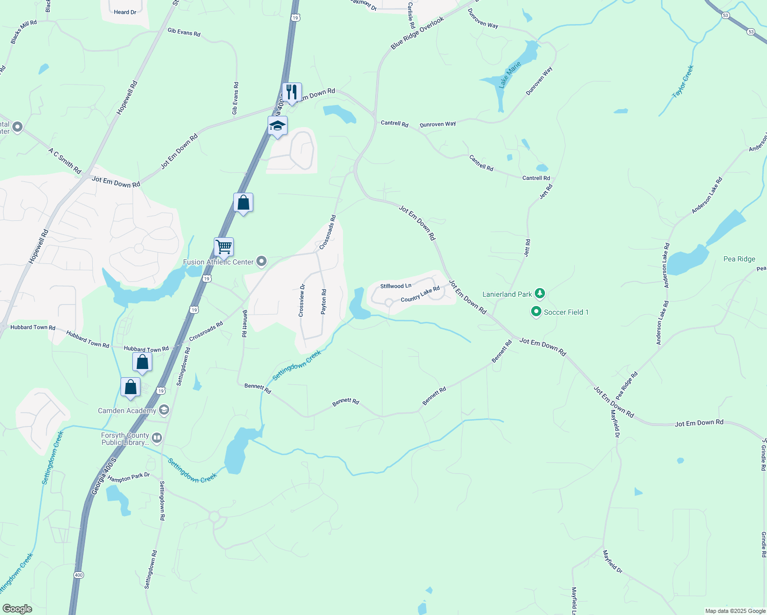 map of restaurants, bars, coffee shops, grocery stores, and more near 6370 Stillwood Lane in Cumming