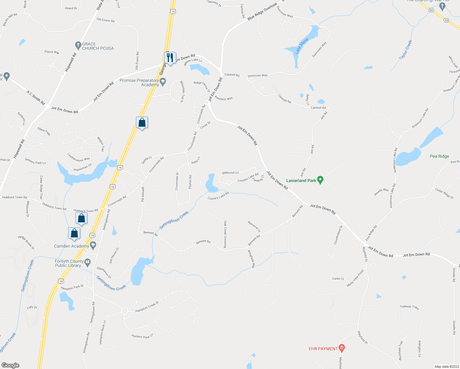 map of restaurants, bars, coffee shops, grocery stores, and more near 6660 Country Lake Road in Cumming