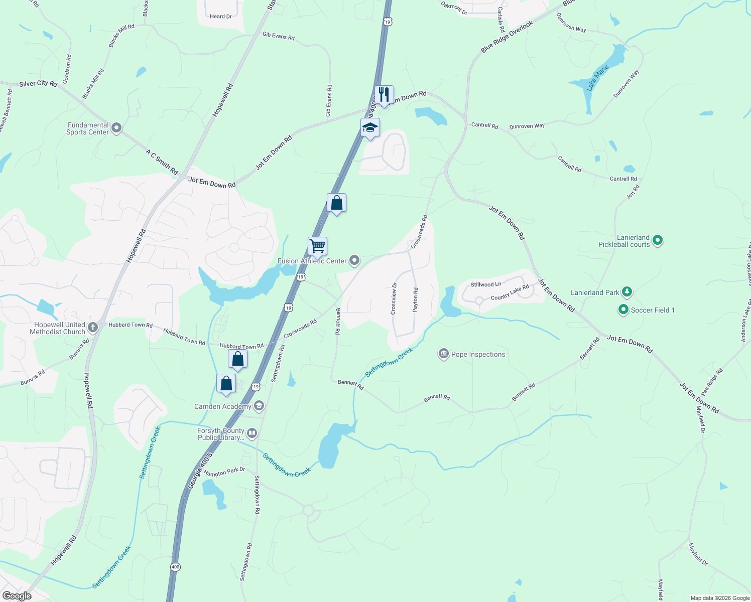 map of restaurants, bars, coffee shops, grocery stores, and more near 6420 Phillips Creek Dr in Cumming