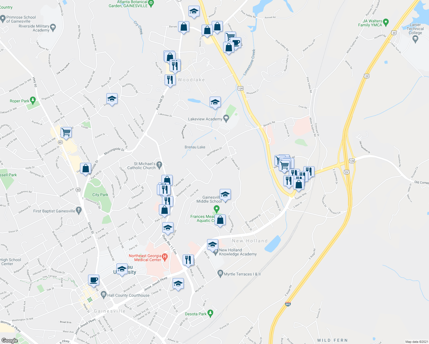 map of restaurants, bars, coffee shops, grocery stores, and more near 596 Robinhood Trail in Gainesville