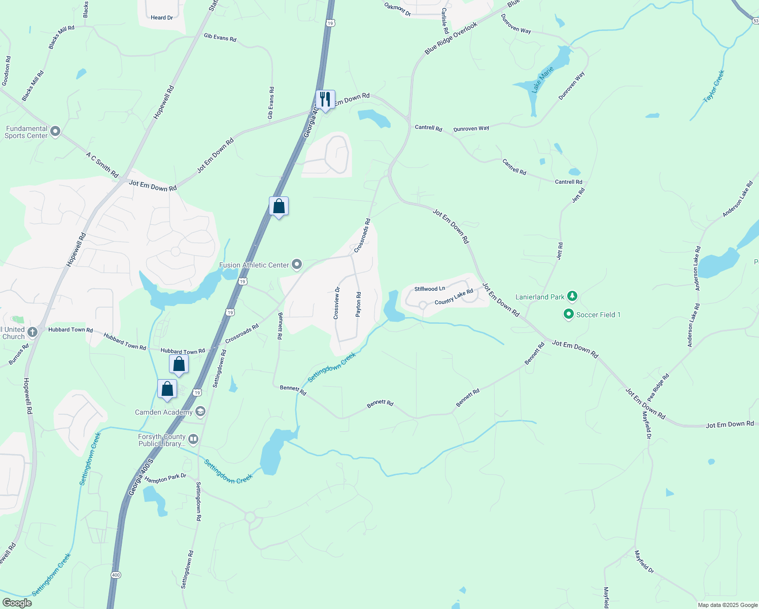map of restaurants, bars, coffee shops, grocery stores, and more near 6640 Country Lake Road in Cumming