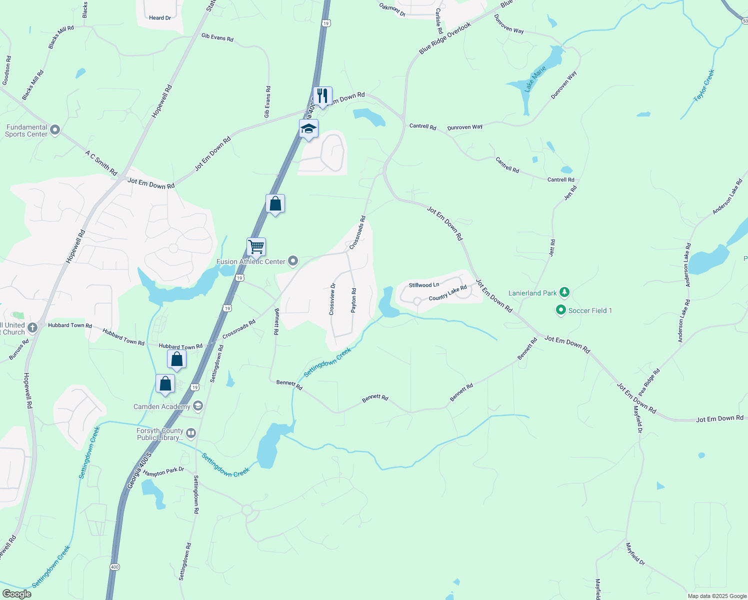 map of restaurants, bars, coffee shops, grocery stores, and more near 6640 Country Lake Road in Cumming