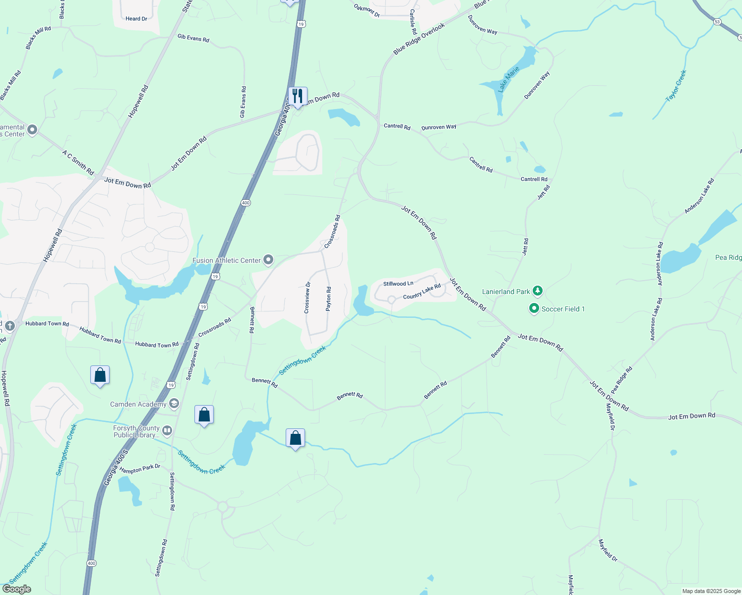 map of restaurants, bars, coffee shops, grocery stores, and more near 6310 Stillwood Lane in Cumming