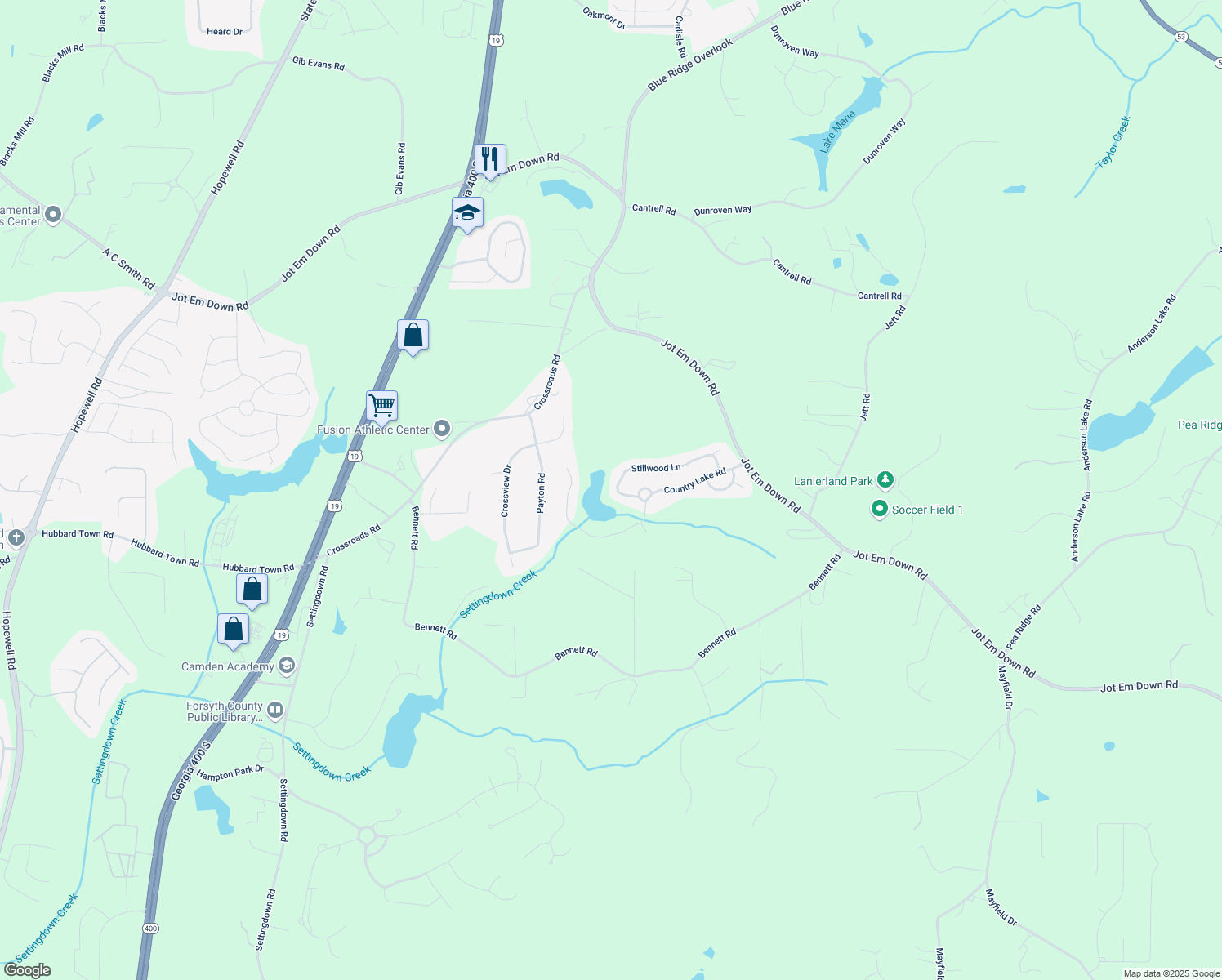 map of restaurants, bars, coffee shops, grocery stores, and more near 6310 Stillwood Lane in Cumming