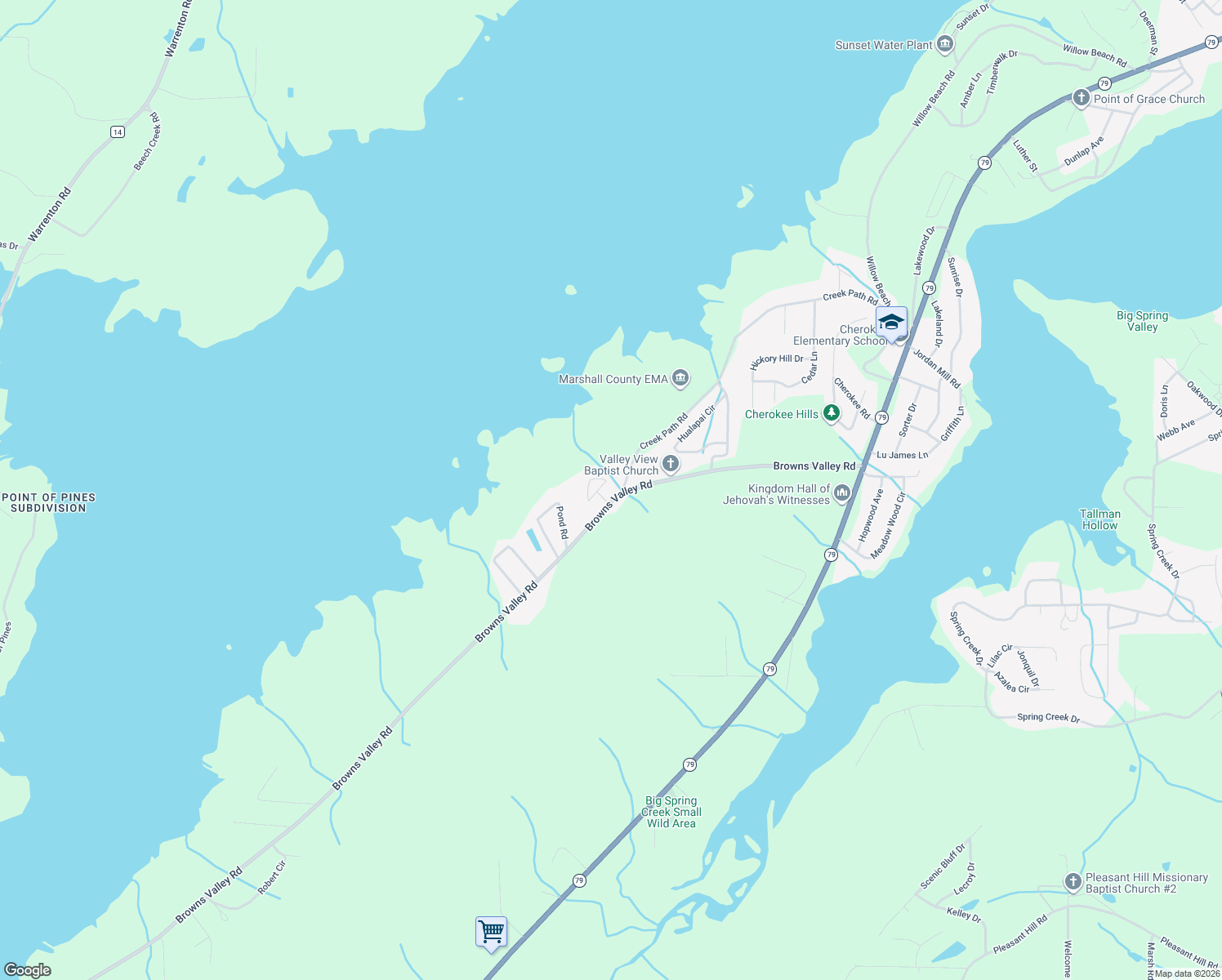 map of restaurants, bars, coffee shops, grocery stores, and more near 3700 Browns Valley Road in Guntersville