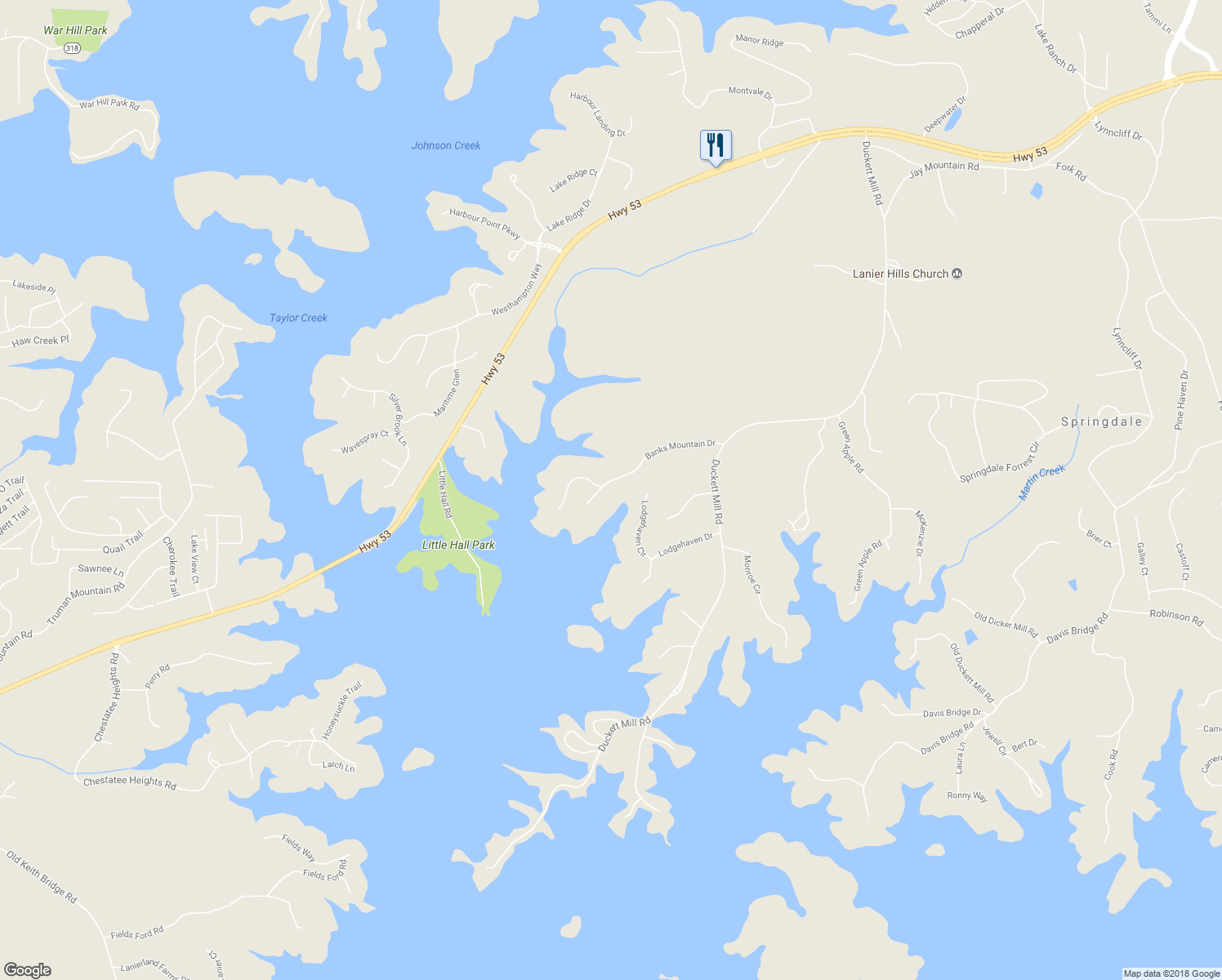 map of restaurants, bars, coffee shops, grocery stores, and more near 3397 Banks Mountain Drive in Gainesville