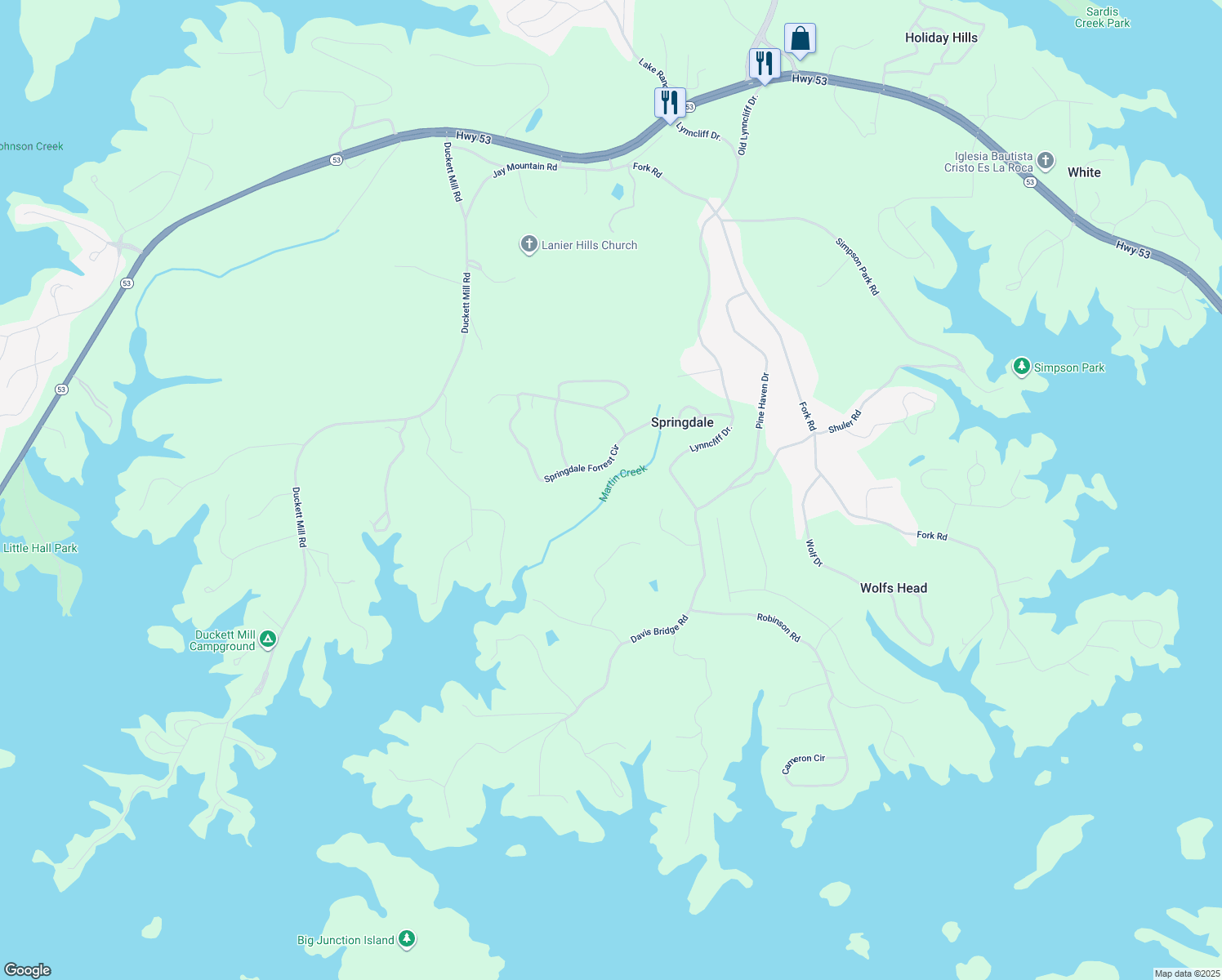 map of restaurants, bars, coffee shops, grocery stores, and more near 3241 Springdale Forrest Circle in Gainesville