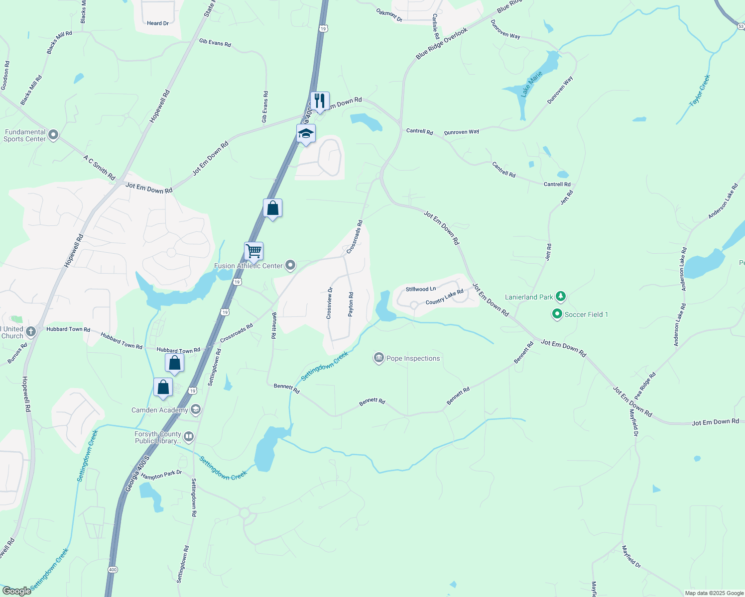 map of restaurants, bars, coffee shops, grocery stores, and more near 6660 Country Lake Road in Cumming