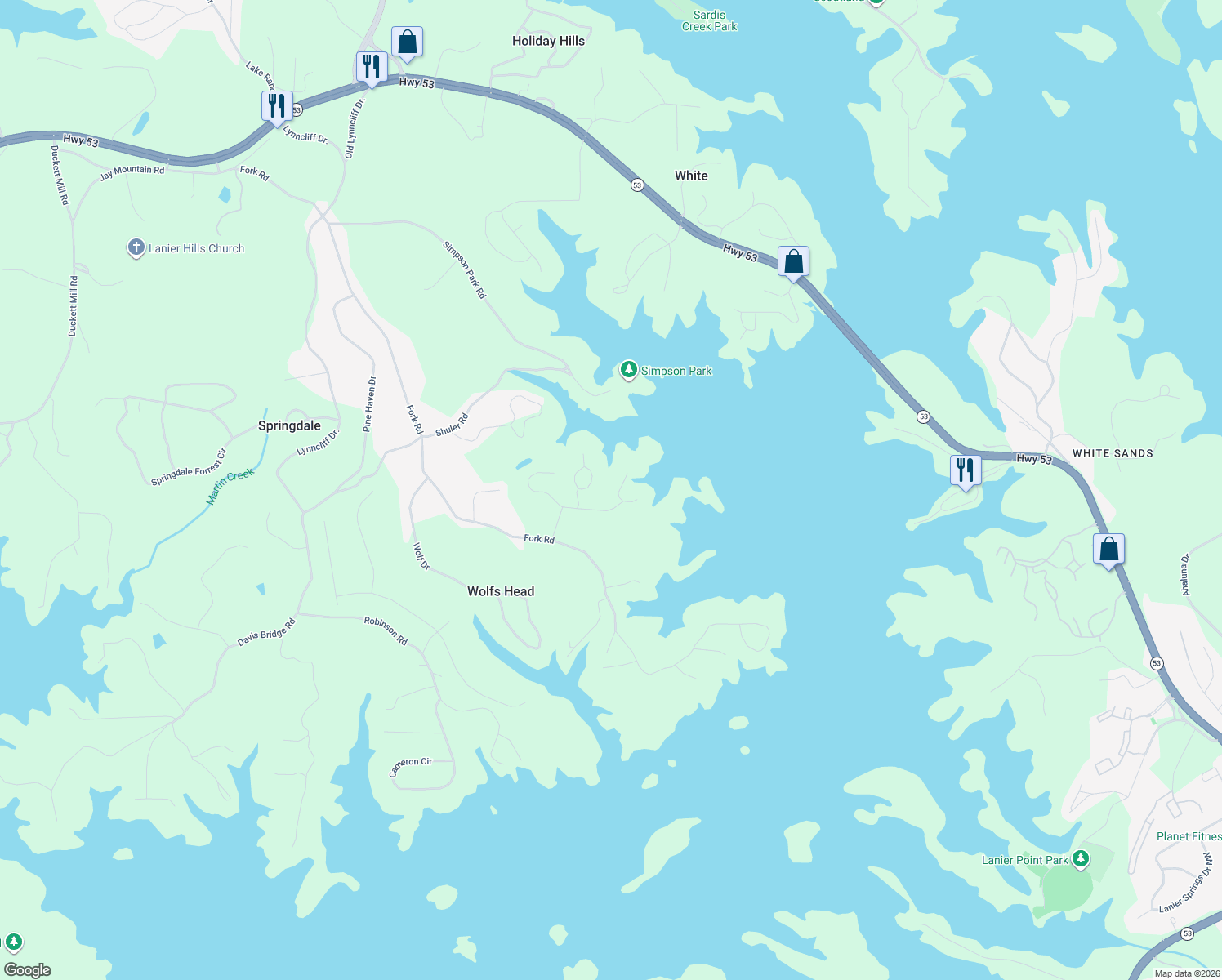 map of restaurants, bars, coffee shops, grocery stores, and more near 3423 Lake Ridge Place in Gainesville